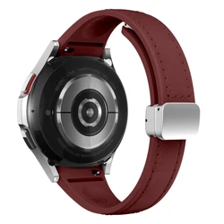 Premium Dual - Material Slim Watch Strap - Genuine Leather and Silicone - Galaxy Watch5 pro (Wine red - Silver)
