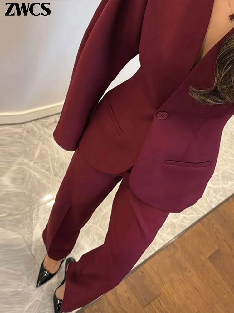 Blazer eleganti con scollo a V Cappotto Pantaloni Set Donna Solido Abito con bottone singolo Cappotti Pantaloni lunghi dritti 2025 Autunno Office Lady Outfit 2