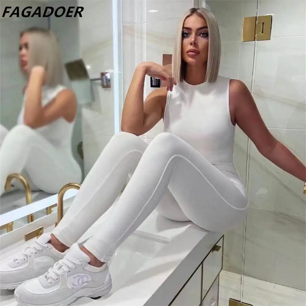 FAGADOER Sporty Skinny Sleeveless Jumpsuits Women Solid Slim Playsuits Spring Fall Bodycon Long Pants Romper Female Clothes 2022