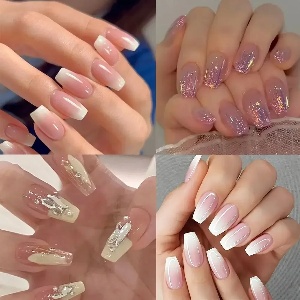 New Long Ballerina False Nails French Crystal Aurora Gradient Pink White Nail Tips Detachable Full Cover Fake Nails Women Girls