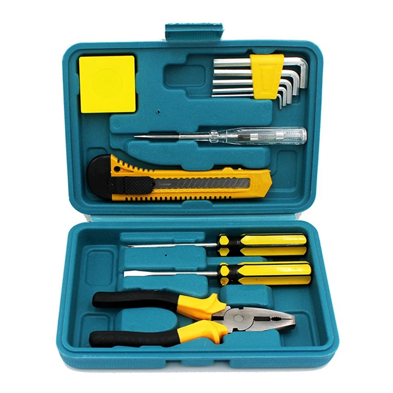 

12Pcs Universal Repair Set With Plastic Toolbox With Wrench, Tape Measure And Screwdriver For Auto Repair Hardware Tools Set Kit