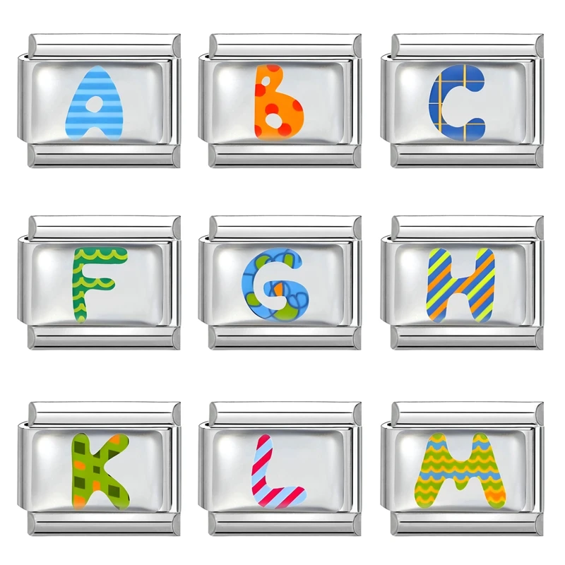 Stainless Steel Charm Bracelet with 26 Colorful Alphabet and Number Links