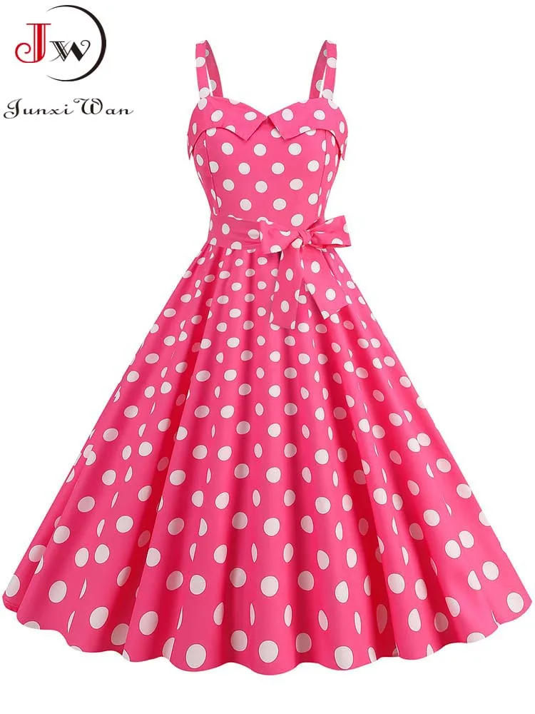 JuliaFashion - Women Vintage Polka Dot A Line Casual Round Neck Summer Elegant High Waist Patchwork Sleeveless Tunic Party Swing Dress