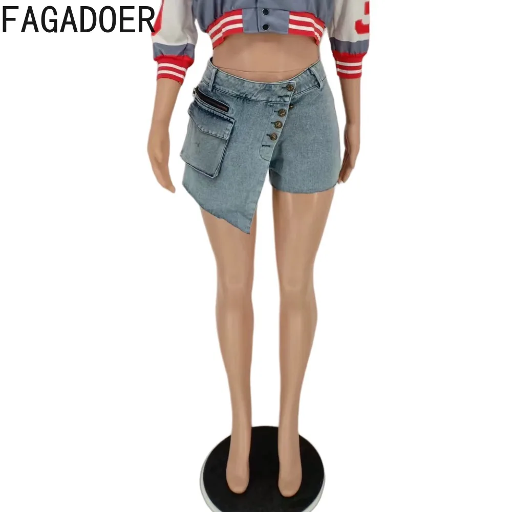 FAGADOER Blue Fashion Y2K Irregular Denim Shorts Women High Waisted Button Jean Shorts Casual Female Solid Cowboy Bottoms 2023