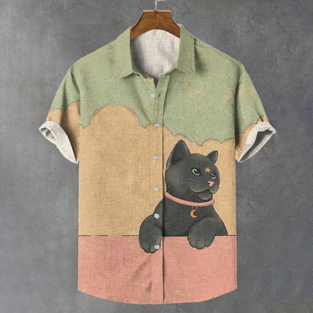 Summer Men's Shirt Animal Pattern Print Cat Shirts Casual Short Sleeve Streetwear Fashion Male Oversized Clothing Cardigan Top 1