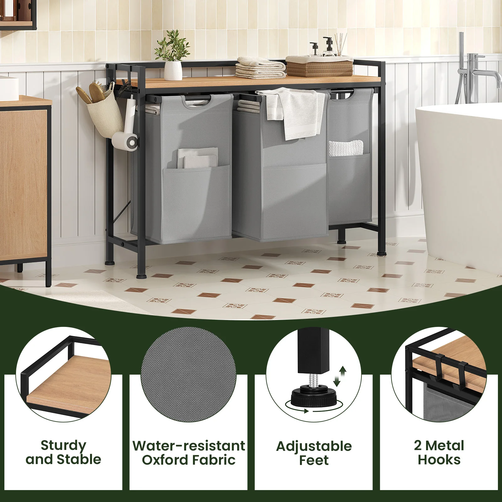 COSTWAY Cesto Portabiancheria Salvaspazio, Portabiancheria Con Piano E 2/3 Sacche Estraibili E Rimovibili Cesta Panni Sporchi Con 23 Scomparti Per Lavanderia Bagno 3 Scomparti 82340219