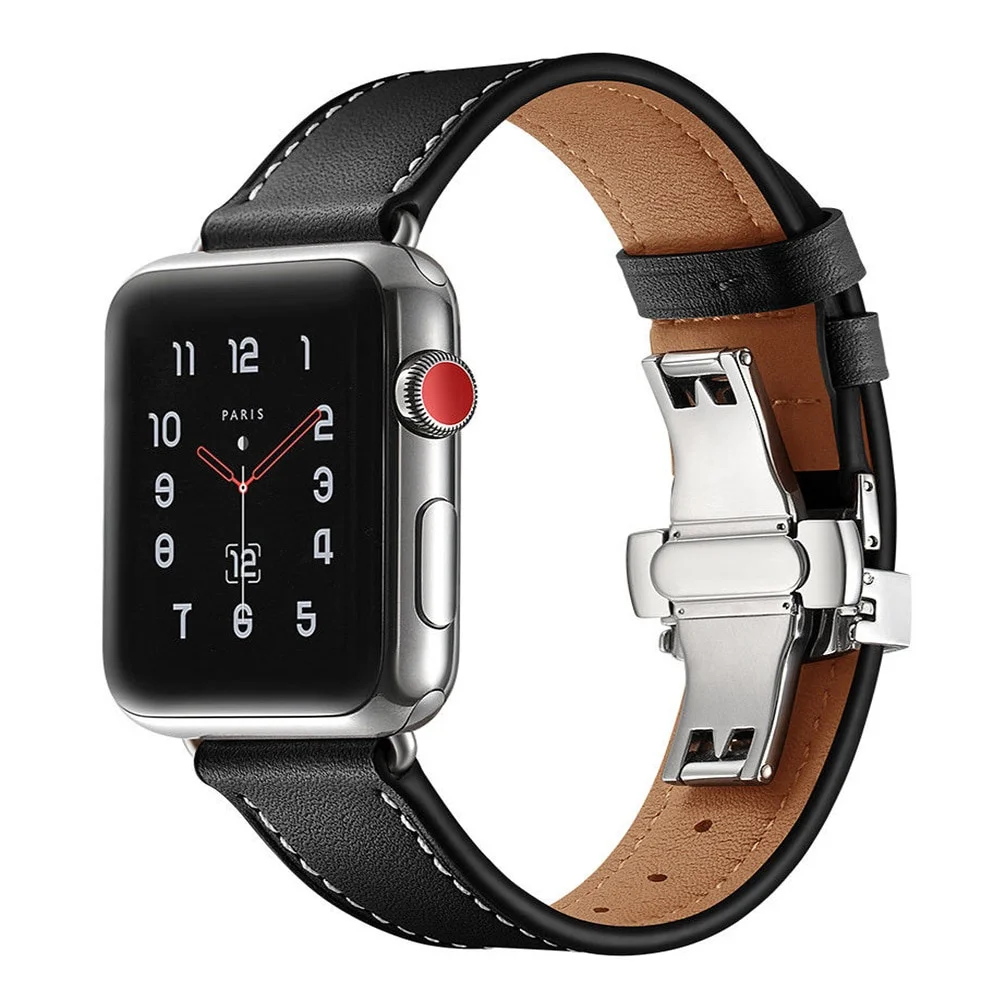 

Luxury Butterfly Clasp Genuine Cowhide Leather Belt Strap for Apple Watch Series 7/SE/6/5/4/3/2/1 (41mm 45mm 44mm 40mm 42mm 38mm