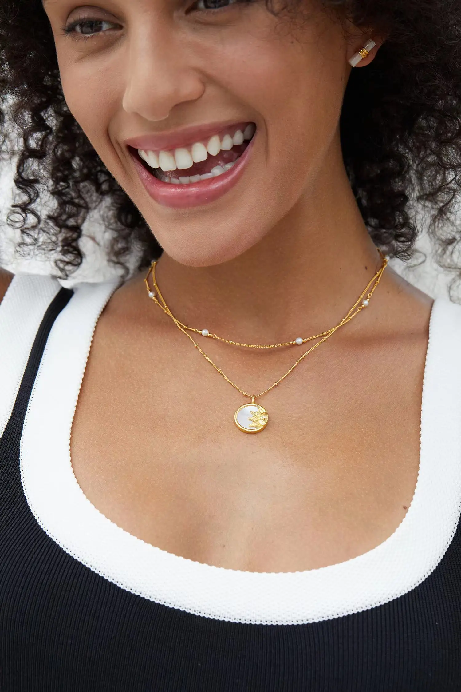 White Mother of Pearl, Silver Gold Plated Round Disc Pendant Sun and Moon Necklace