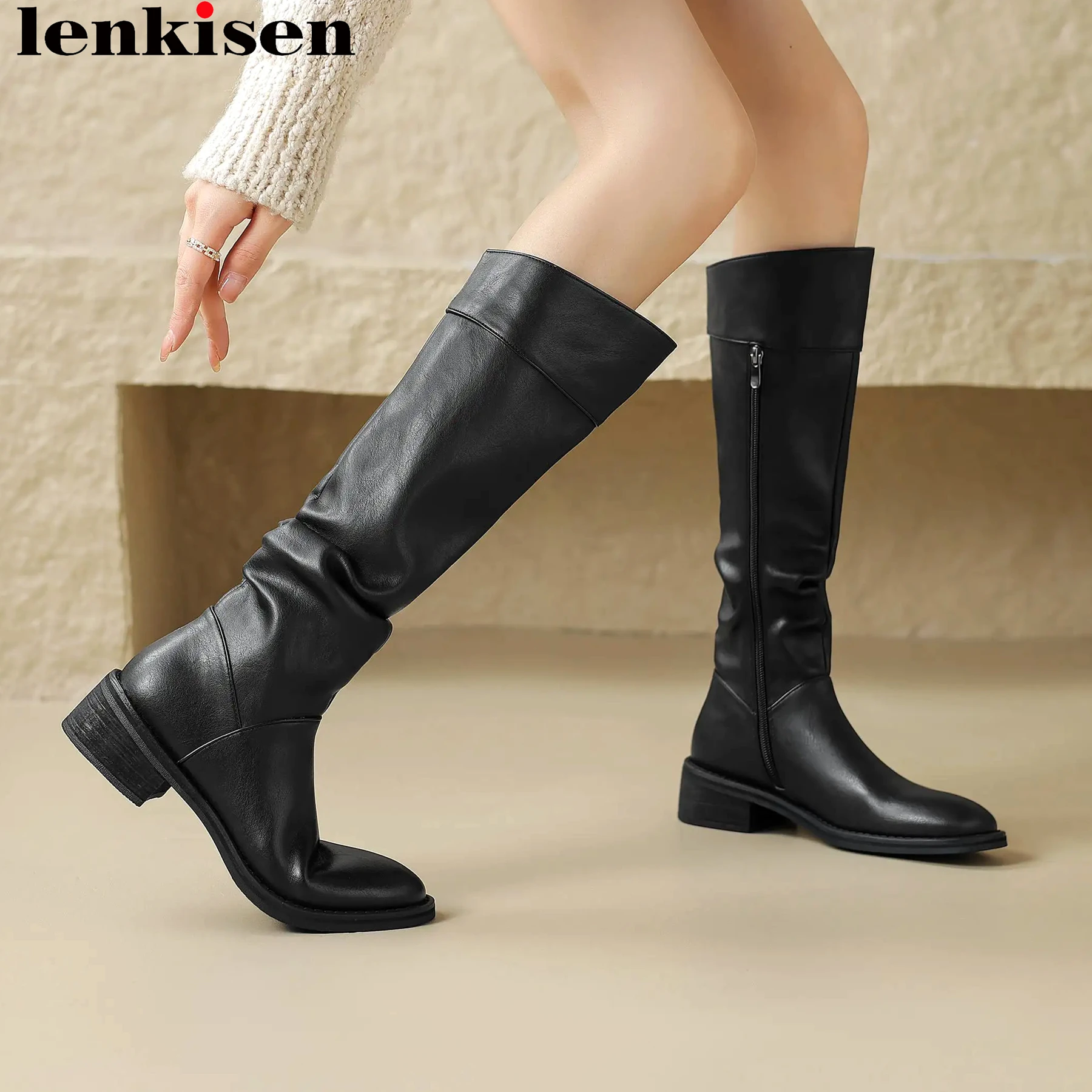 

Lenkisen 2024 Cow Leather Round Toe Med Heels Riding Boots Winter Pleated Office Lady Solid Warm Zipper Elegant Thigh High Boots