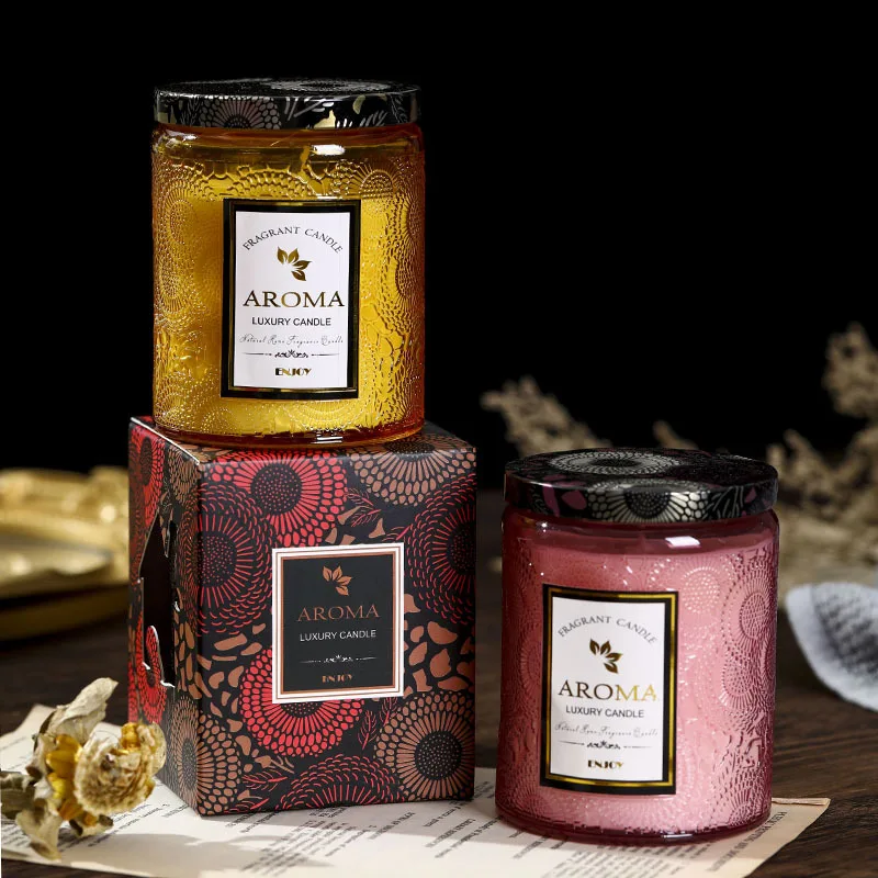 Scented Candle in Embossed Glass Cup - Smokeless Handmade Soy Wax Fragrance Gift
