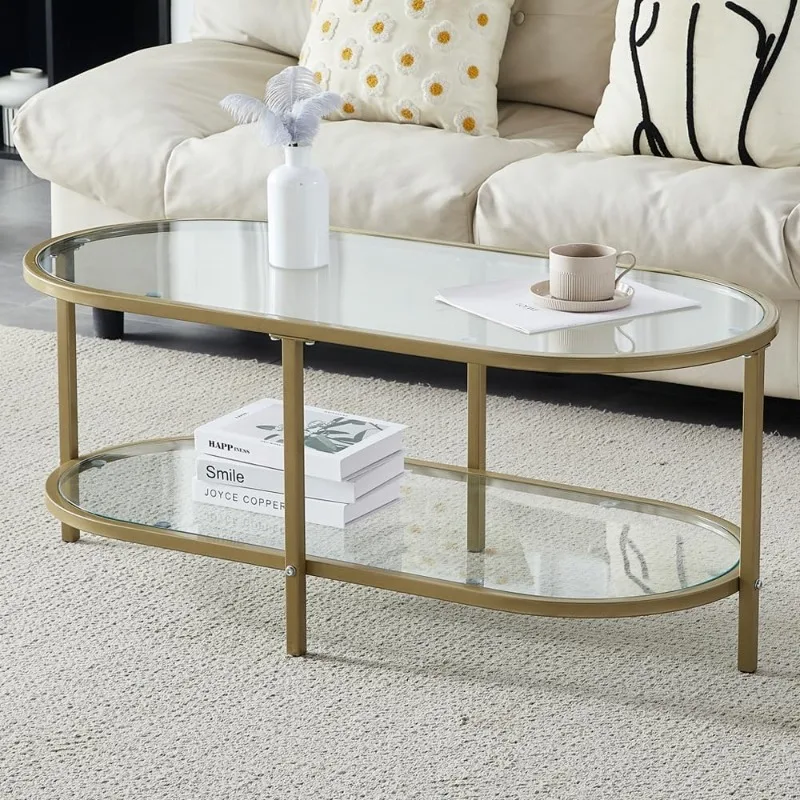 Living Room Glass Coffee Table, Golden Coffee Table, Modern Minimal 2-Tier Center Table with Metal Frame for Small Space 6