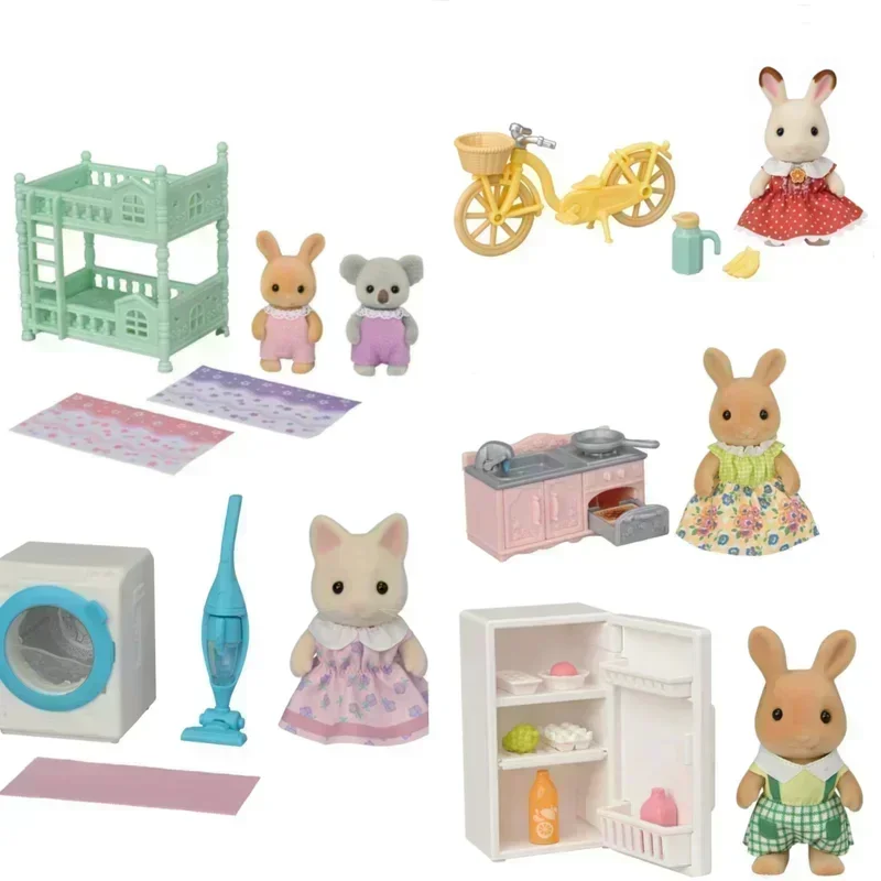 Sylvanian Families Children's Room Set Kitchen Furniture Bicycle Anime Figrues Flocking Toys Gifts Room Decora