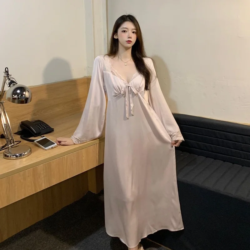 

New Sexy Nightgown Satin Long Sleep Dress for Women Lace Patchwork Nightdress Intimate Lingerie Loose Sleepwear Homewear C172