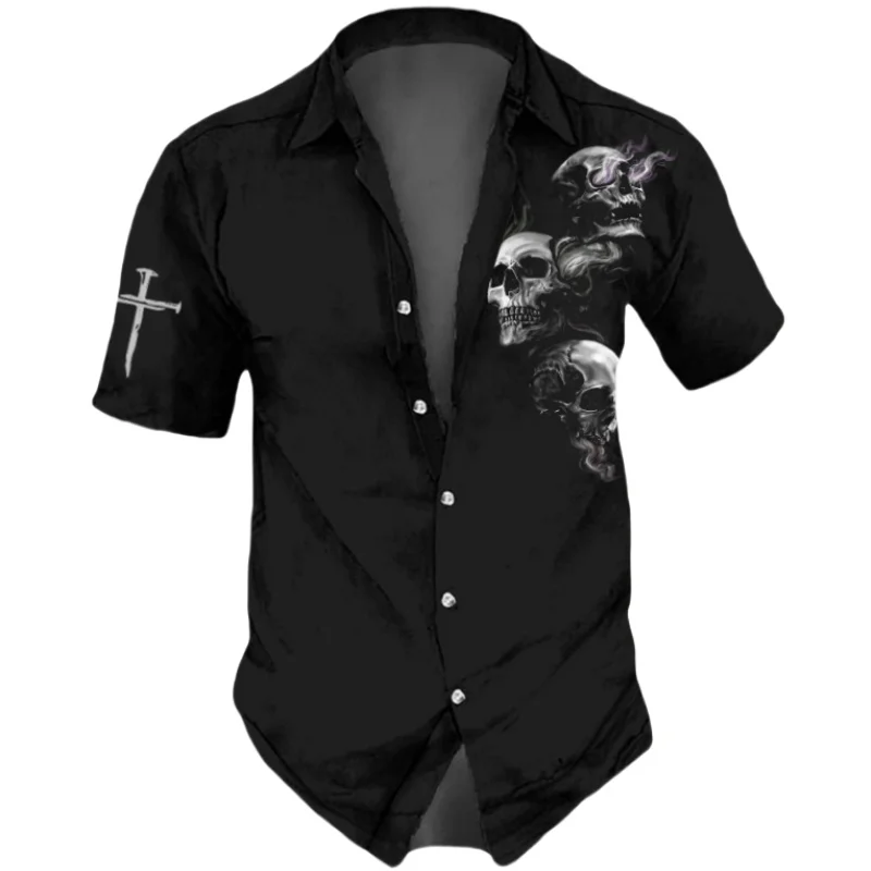 Short Sleeved Shirt Horror Skulls Print Men's Summer Short Sleeve Lapel Shirts Hip Hop Style