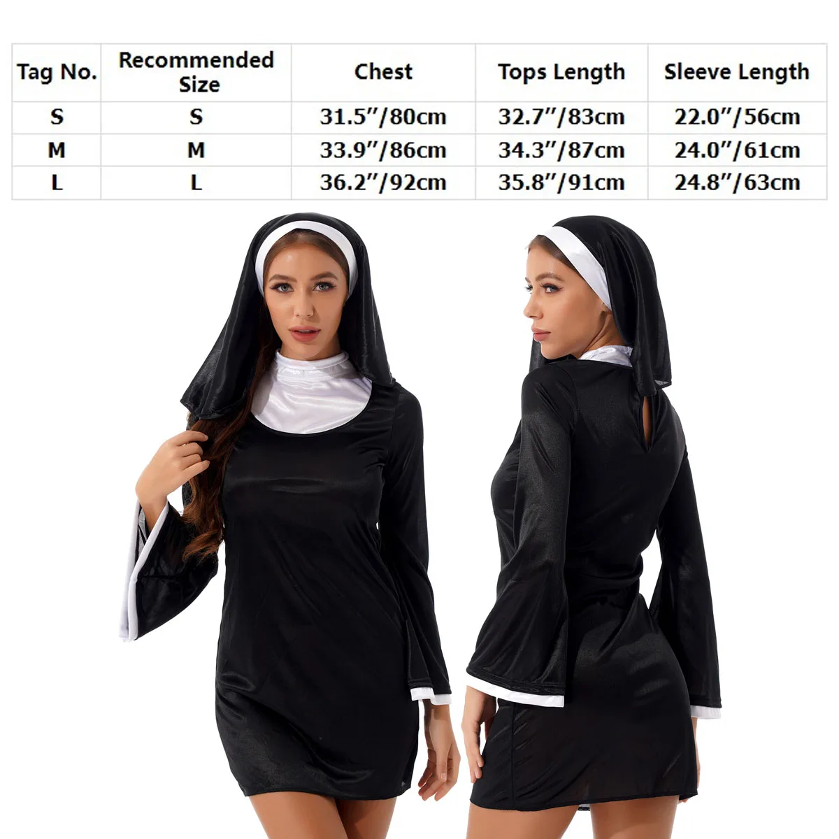 Costume De Nonne Pour Femme Halloween - Robe Noire + Coiffe + Collier Croix, Taille XL-XXL, Polyester - 9