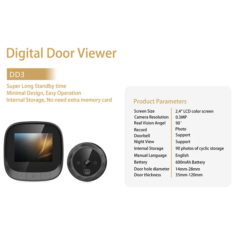 Description Picture 3 of item2.4 Inch Digital Peephole Door Bell 90 Degree Wide Angle Night Vision Viewer Camera HD Display Screen House Security Doorbell