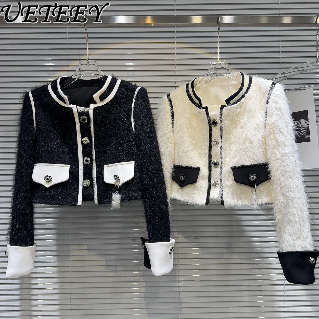

2023 Winter New Stand Collar Long Sleeve Temperament Coat High Fixed Rhinestone Buckle Mink Fur Down Feather Liner Short Jacket