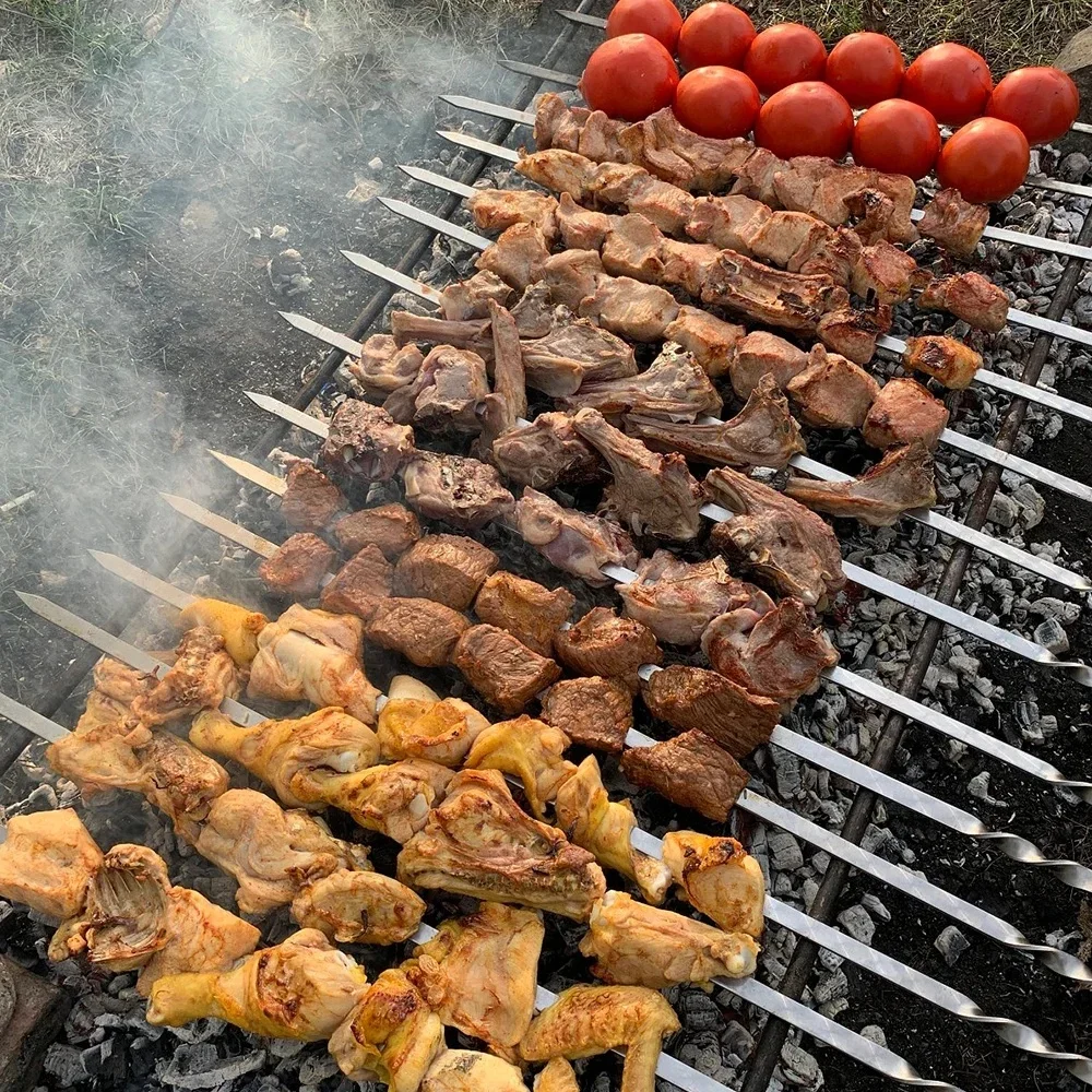 Barbecue Skewers Bbq Grilling Accessories 6Pcs BBQ Skewer Stainless Steel Wide Barbecue Sticks Flat BBQ Fork Outdoor Camping Picnic Utensil Kitchen Accessories