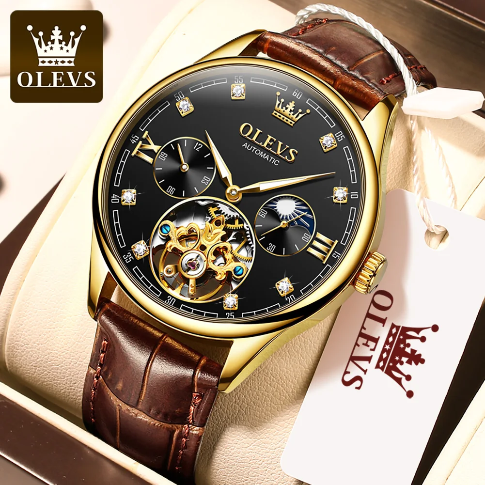

OLEVS Classic Men's Mechanical Watches Automatic Movement Leather Strap Top Brand Luxury Waterproof Hollow Wrist Watch Men 3601