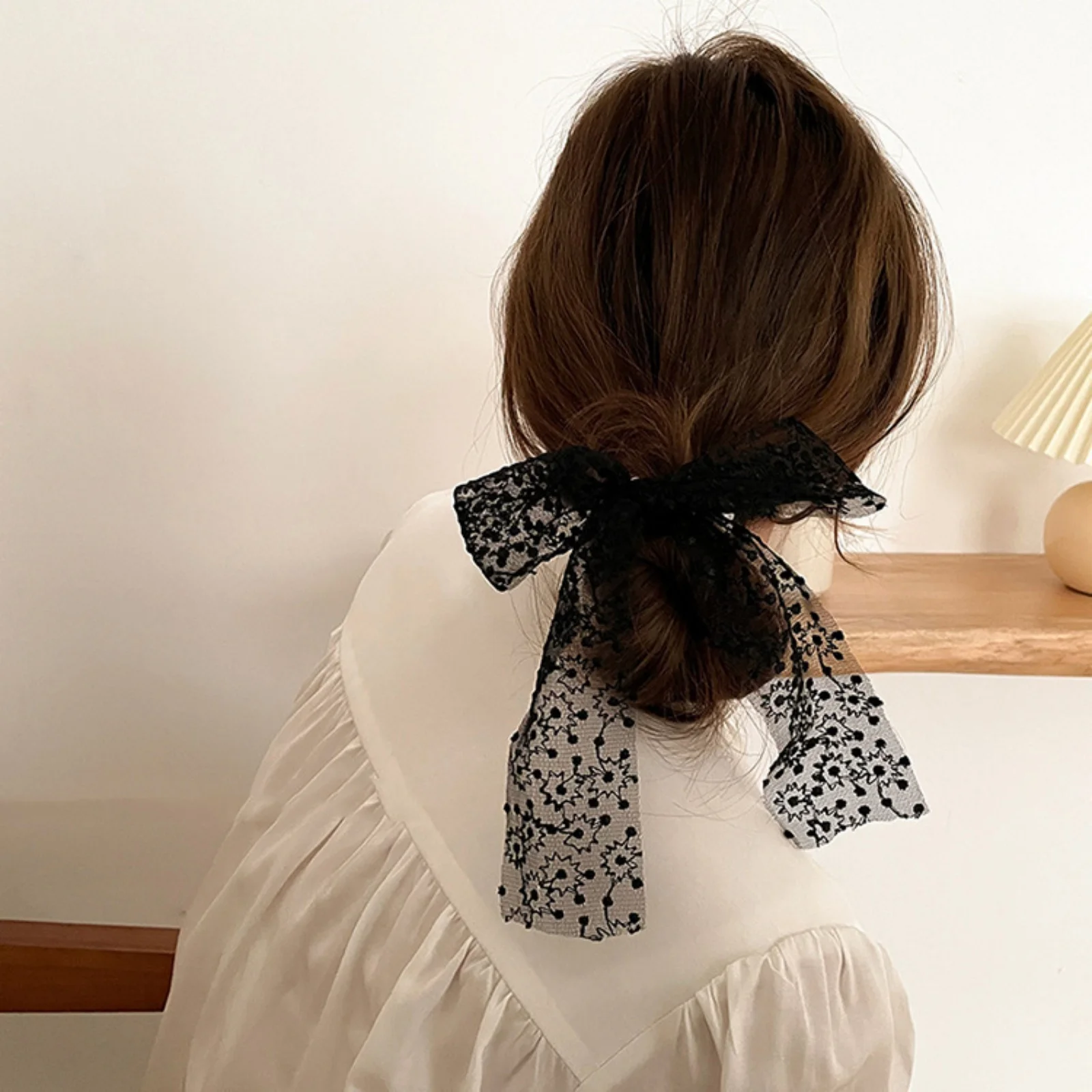 1PC Embroidered Lace Bow Hair Scrunchie, Chiffon Ribbon Hair Tie, Stylish Hair Accessory for Women's Sweet Hairstyles
