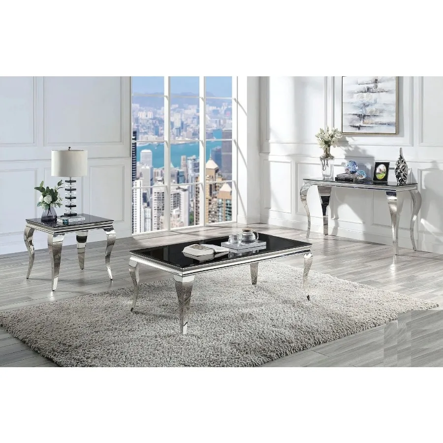Glam Contemporary1pc Coffee Table Black Glass Top Silver Color Table Living Room Stainless Steel Cabriole-Style Legs 5