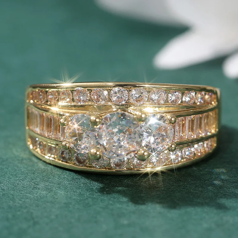 Gorgeous Three-Row Inlaid Synthetic Zirconia Engagement Ring for Women Fashion Sparkling Anniversary Wedding Jewelry Accessories - 2