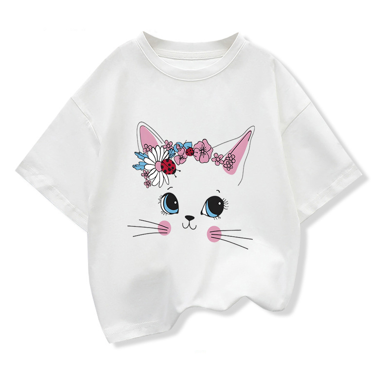 Smile Cartoon Cat Graphic Kids Clothing Tees t shirt 2025 Girls Loose Short Sleeve T-shirt Kids Birthday Tee Children Clothes