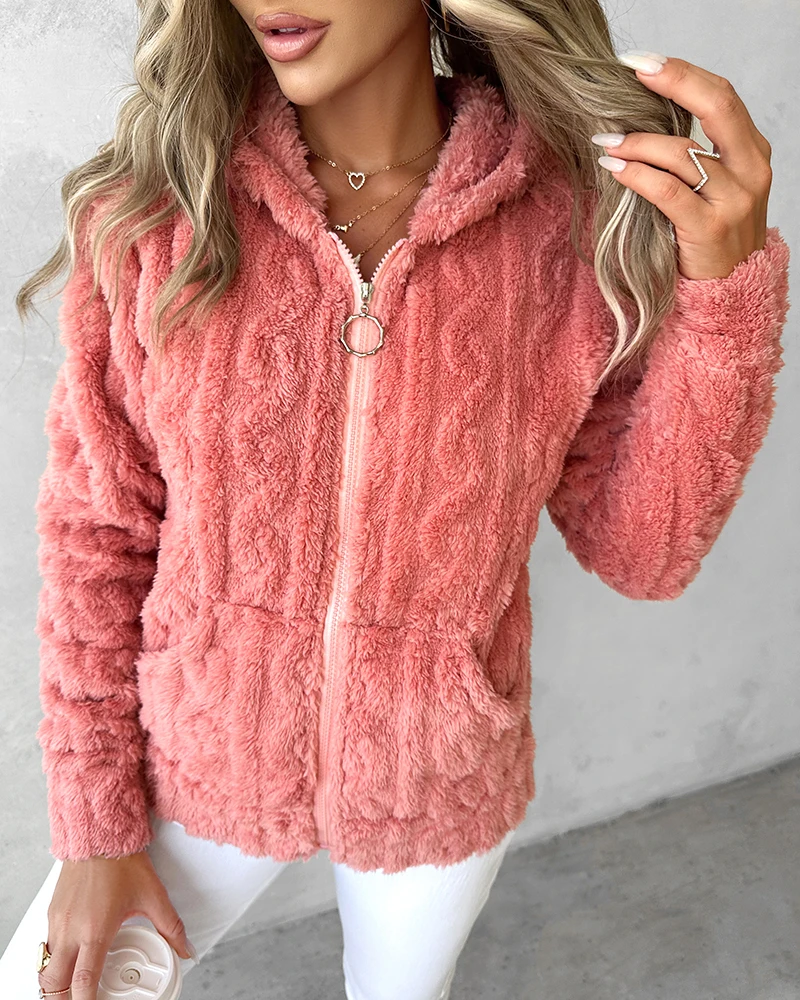 

2023 Women Zipper Design Fuzzy Textured Hooded Fleece Coat Autumn Winter Long Sleeve Warm Zipper Coat Hooded Tops Outwear Ropa