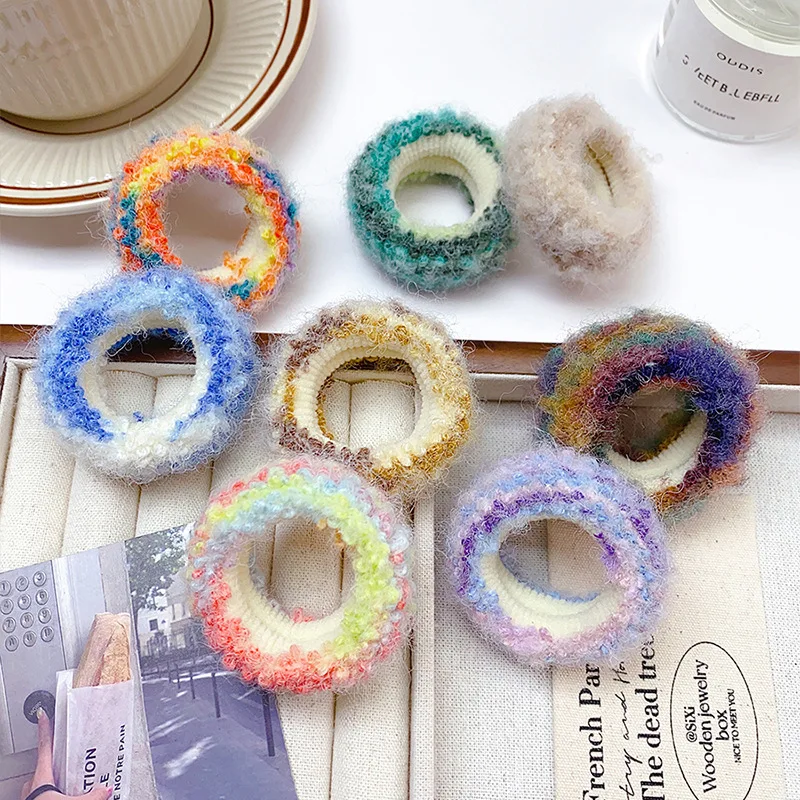 

Autumn Winter Plush Color Striped Basic Simple Elastic Hair Band Girl Children Cute Sweet Wide Ponytail Rubber Teis Wholesale