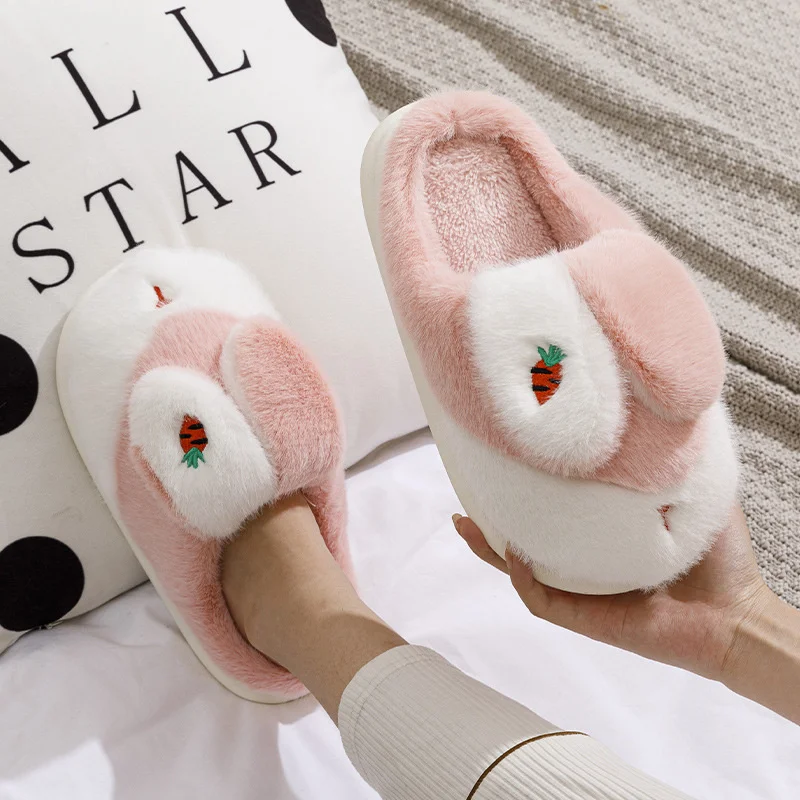 

Cute Rabbit Cotton Slippers Women 2022 New Autumn And Winter Couple's Indoor Antiskid Thick Bottom Warm Plush Slippers Men