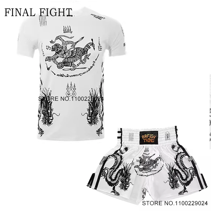 Sports Apparel Mens T Shirt Muay Thai Shorts MMA Rashguard Tiger Print White Boxing Shorts T Shirt Set Martial Arts Combat Kickboxing Cage Fighting Clothing
