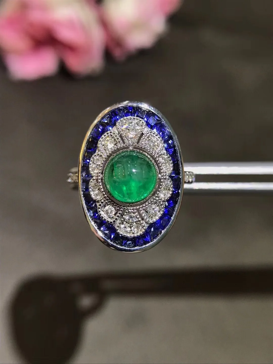 

natural plain emerald and sapphire ring 18K white gold with diamond fine women jewelry free shipping vintage