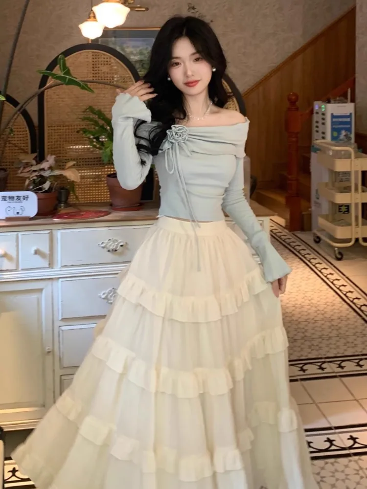 Korean Elegant Outfits Two Piece Skirt Set Women Off Shoulder