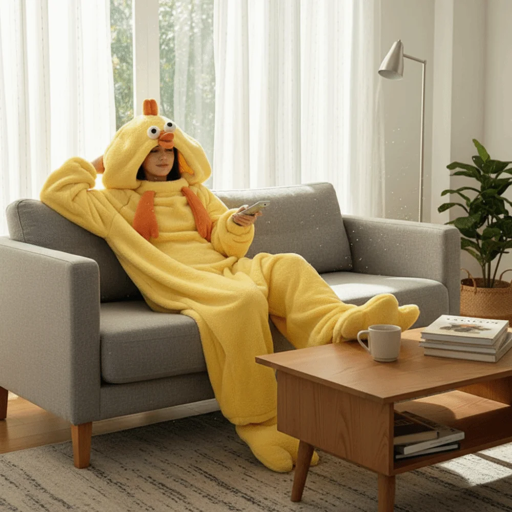 Jumpsuits Cartoon Chicken Pajamas Funny Home Wear Coral Fleece Nightwear Long Sleeve Plush Warm Cute Sleepwear Women Women