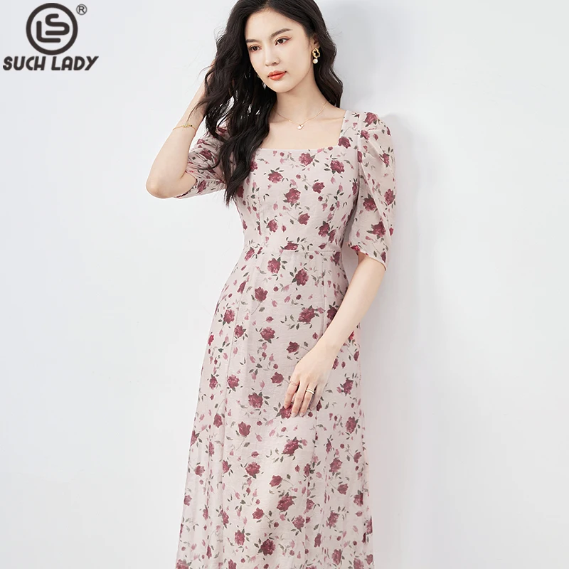 

Women's Runway Dresses Square Neckline Short Sleeves Printed Floral Fashion Casual Mid Summer Vestidos