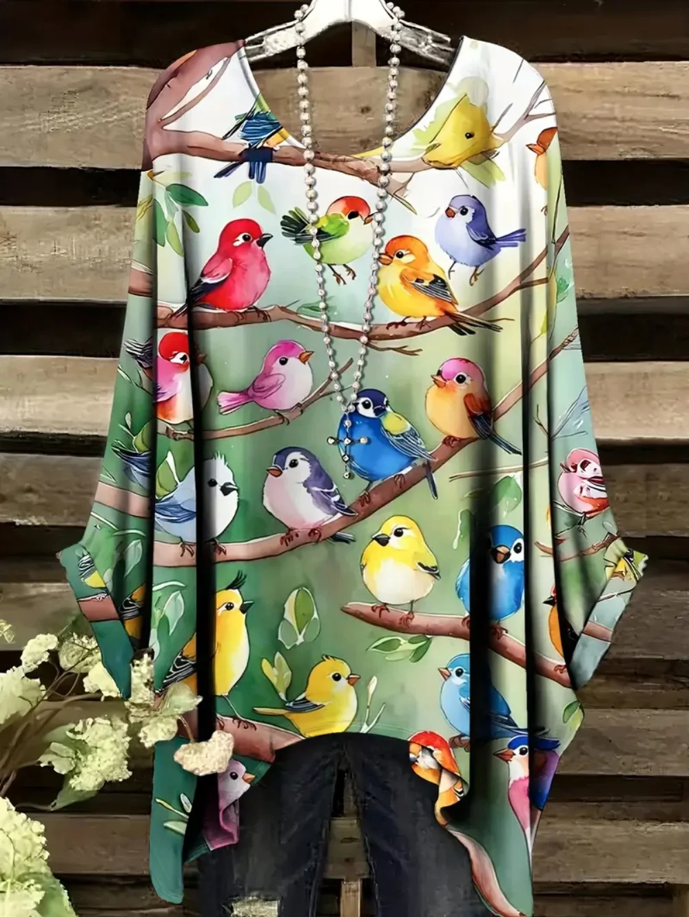 Summer Women's T-Shirt Hummingbird Peacock Print Round Neck Tail Comfortable Short Sleeve Oversized Tee Irregular Hemline Tops 4