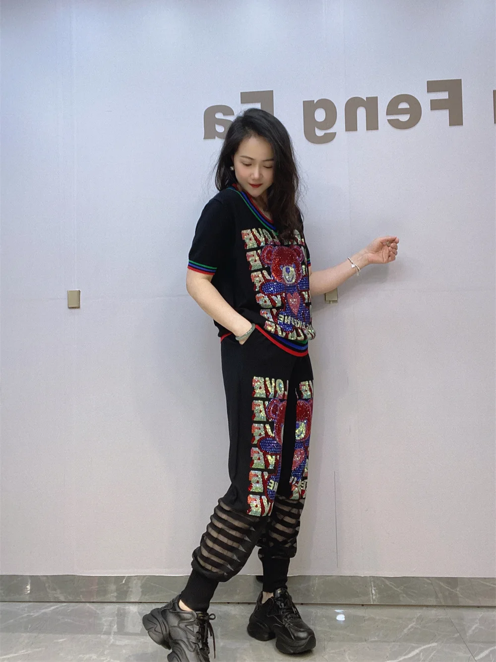 Two Piece Set Women Spring Clothing Cartoon Pattern Letter Diamonds Knitted Tracksuit Short Sleeve Tops Stretchy Joggers