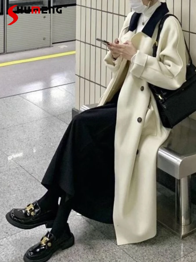 

Новинка 2023, осенне-зимние шерстяные пальто, женское утолщенное теплое корейское зимнее белое Woole пальто с длинным рукавом, однотонная женская одежда