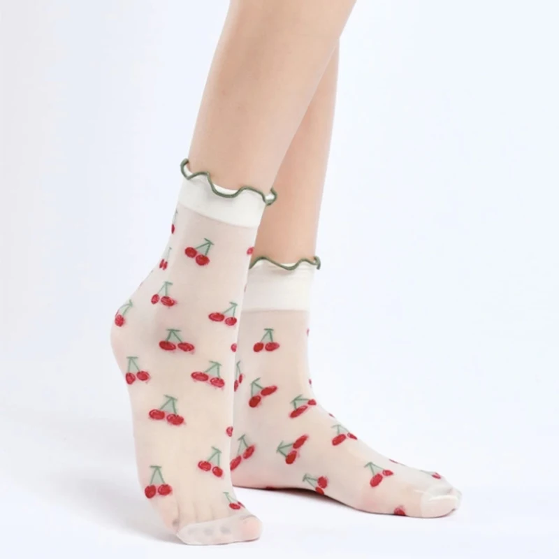 2-Paar Damen-Socken mit Rundhalsausschnitt, Salatrand, modischer Fruchtdruck, Sommer, dünnes Design, weiche, bequeme, atmungsaktive Freizeitsocken – Detail 7