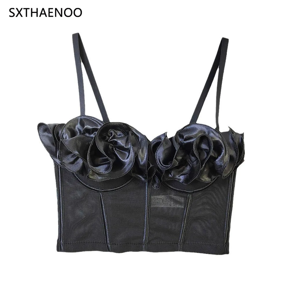 

SXTHAENOO 2024 New Summer Fashion Mesh Y2K Bustier Bra Splicing Flower Sexy Cropped Top Nightclub Rock Tank Tops for Women