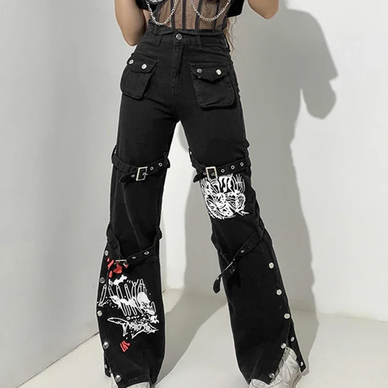 Gothic Bandage Women Baggy Jeans Y2K Aesthetic Harajuku Cartoon Print Black Denim Trousers Dark Academia Hight Waist Pants Punk