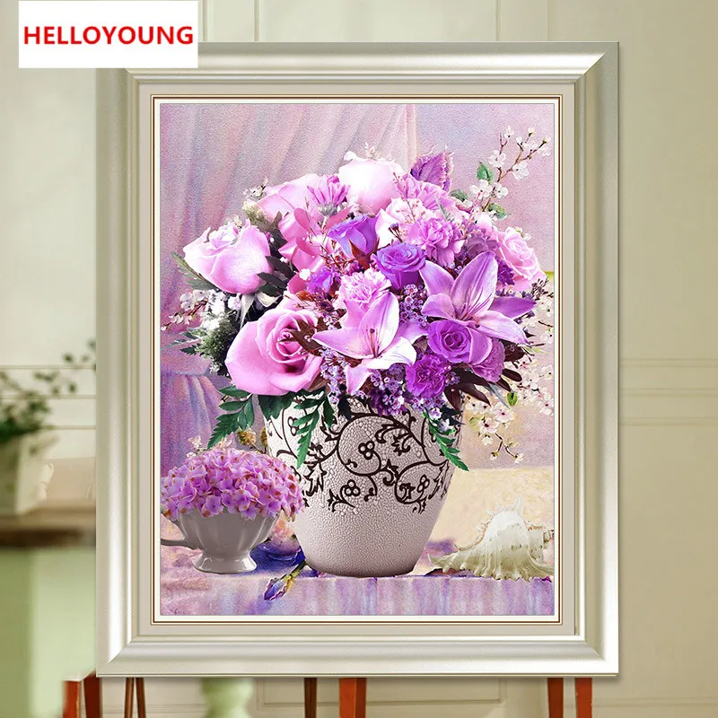 

YGS-163 DIY Full Diamond Embroidery European-style flower vase Round Diamond Painting Cross Stitch Kit Diamond Mosaic Home Decor