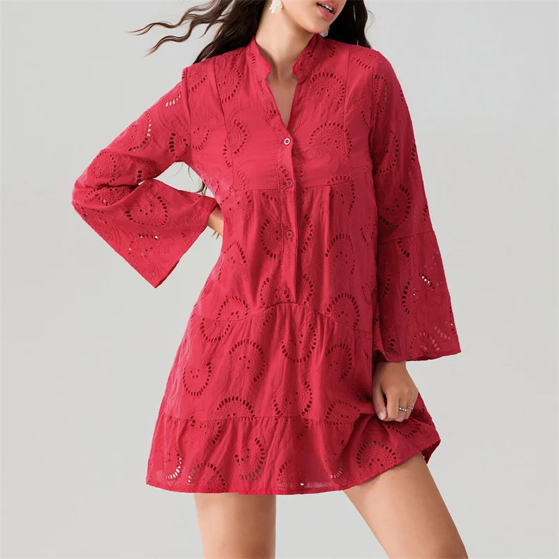 Beach Dress Women Embroidery Lace Eyelet Hollow Out 3/4 Sleeve Single Breasted Mini Dress y2k Vacation Dresses
