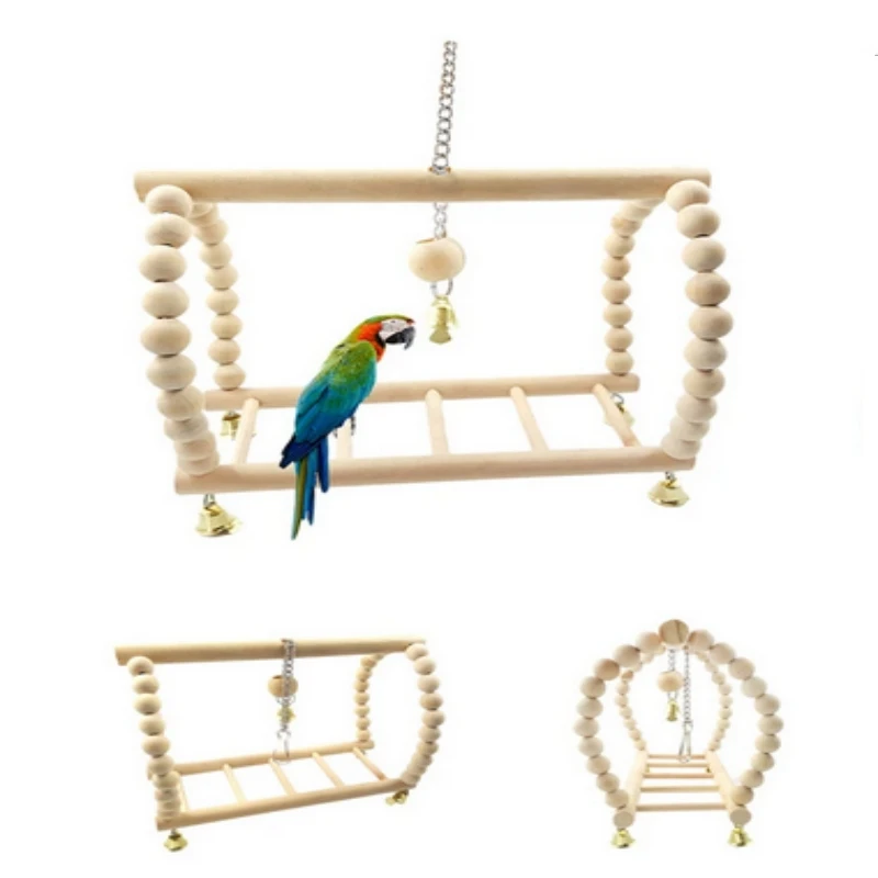 

Parrots Toys Bird Swing Exercise Climbing Hanging Ladder Bridge Wooden Rainbow Pet Parrot Macaw Hammock Bird Toy With Bells