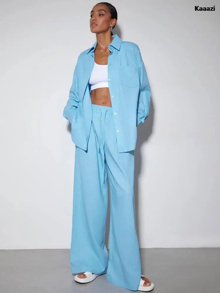 

KAAAZI Office Lady Loose Turn-down Collar Long Sleeve Shirt Suit Autumn New Long Pants Set Female Blouse Casual Two Piece Set