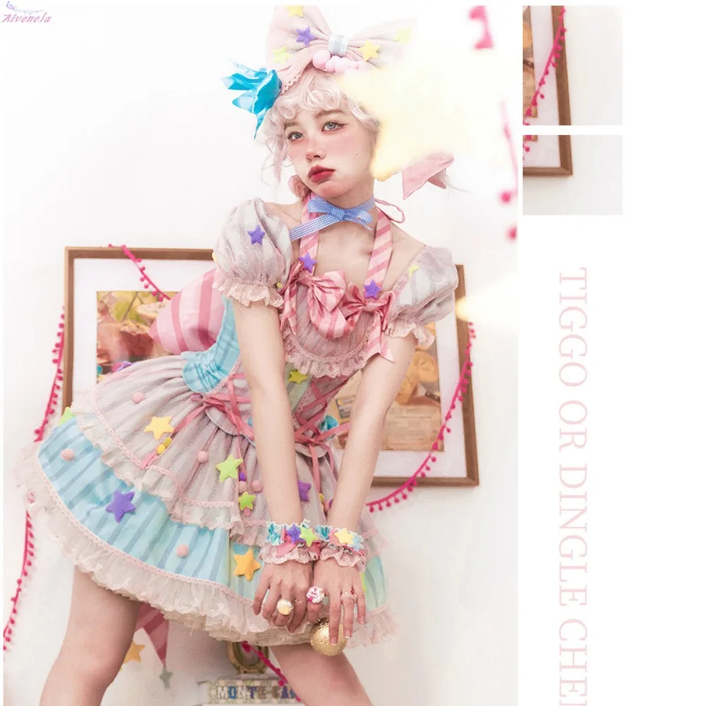 Lolita OP Dress Sweet Short Sleeve Loli Dresses Female Soft Girls Candy Magic Ruffle Fungus Women Mesh Star Dress AFC1922