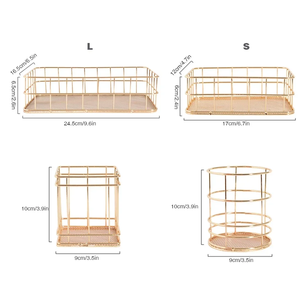 Nordic Gold Metal Iron Makeup Pen Storage Basket Office Desktop Sundries Makeup Brushes Holder Table Cosmetics Organizer Rack 4