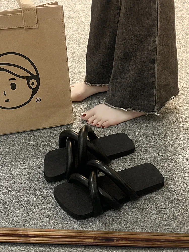 

Тапки женские резиновые, Мягкие Шлепанцы с перекрестной шнуровкой, пляжные тапочки, римские базовые тапочки из искусственной кожи, 2023