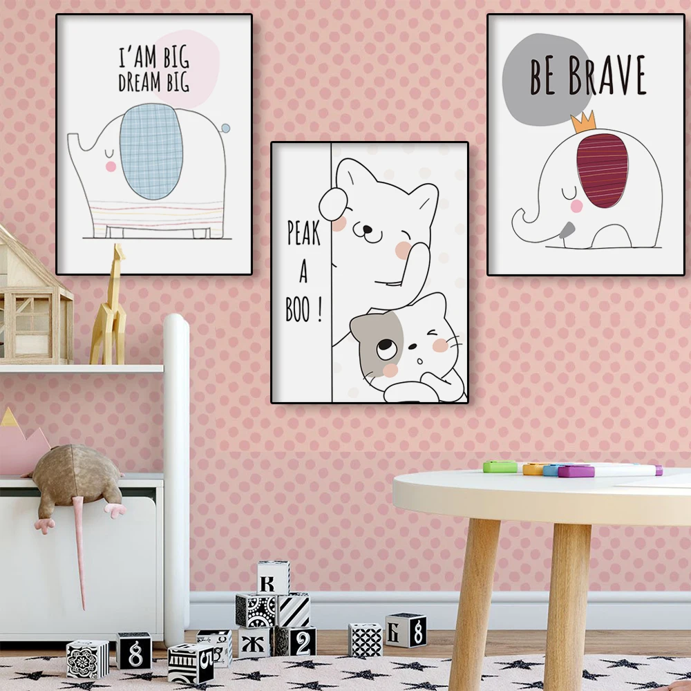 

Cute Animal Nordic Posters and Prints Wall Art Canvas Painting Pictures Cat Bunny Bear Elephant Deer Living Room Home Decor