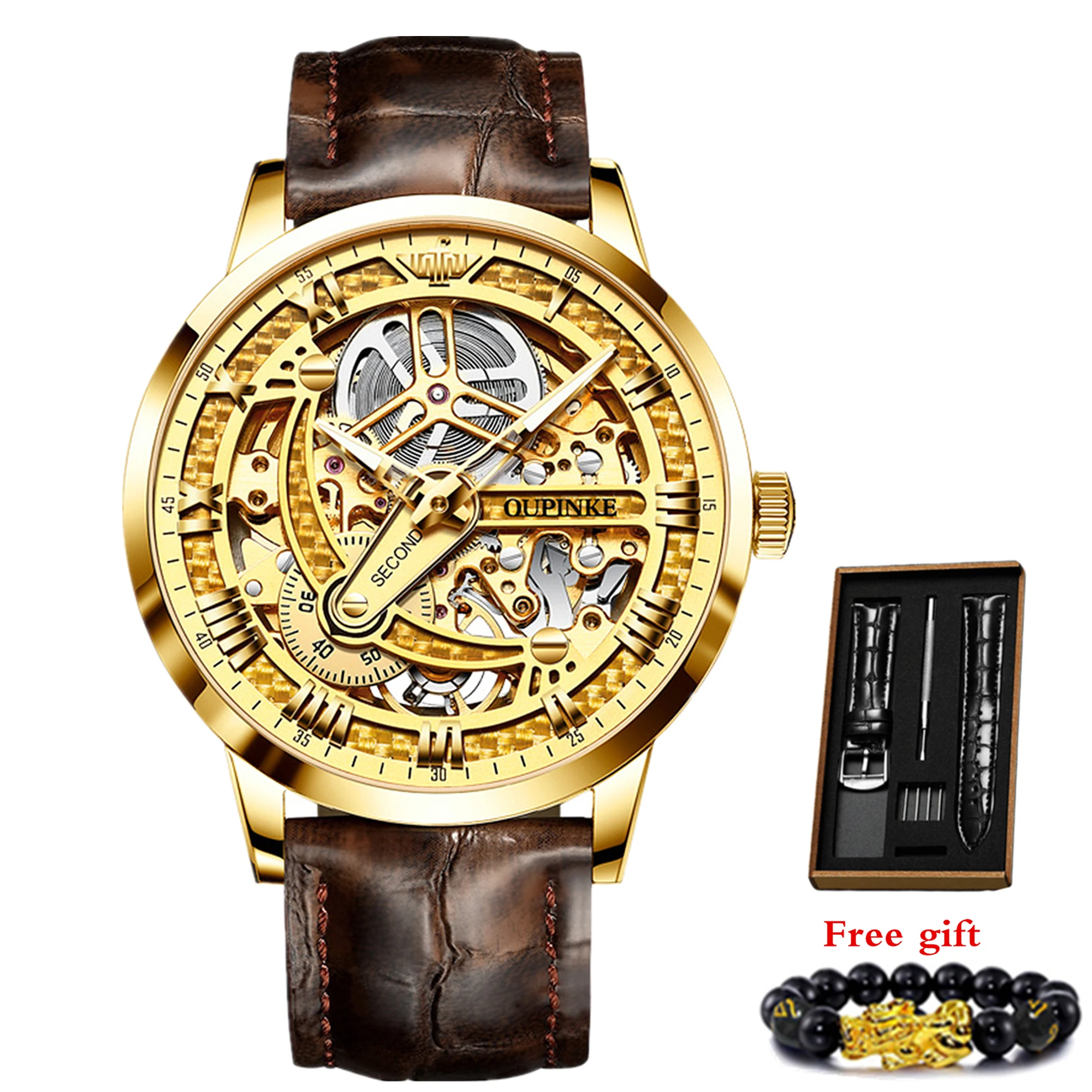 Oupinke Luxury Brand Automatic Watch For Men Mechanical Leather Strap Sapphire Skeleton Wrist
